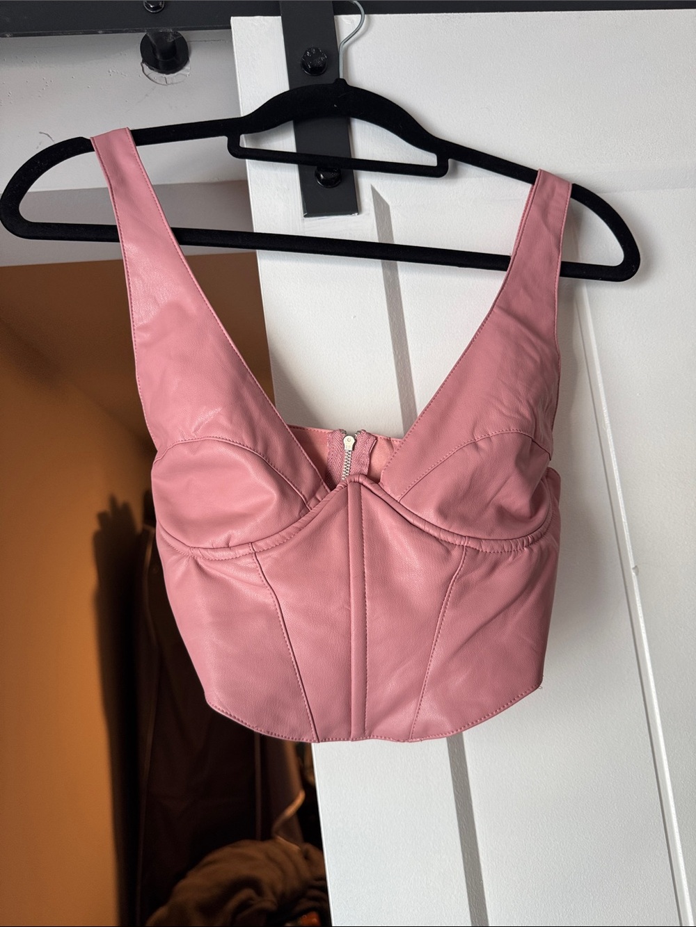 Pink Faux Leather Crop Top with Bust Seams